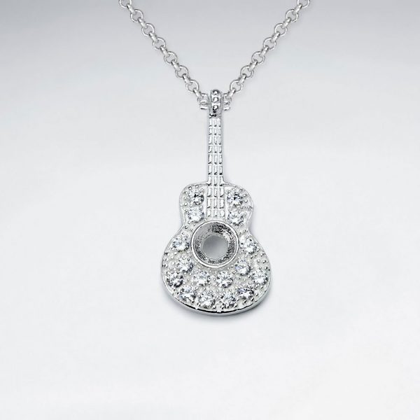 Pendentif Argent Guitare Rock Zircon Clouté