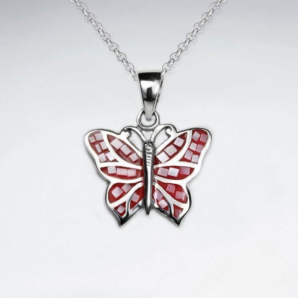 Pendentif Argent Papillon en Coquillage Rouge