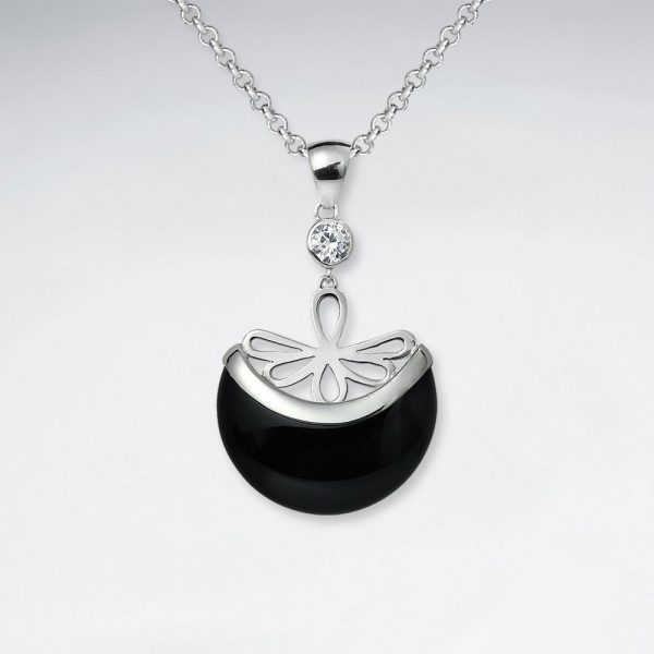 Pendentif Argent Pierre Noire avec Cristallin Cubique