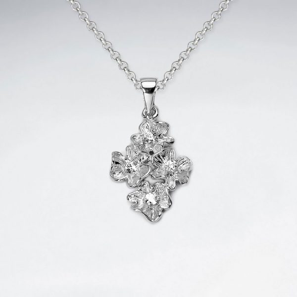 Pendentif Argent en Bouquet de Fleurs Poli Zircons Cubiques