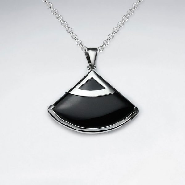 Pendentif Argent en Forme Eventails Pierre Noire