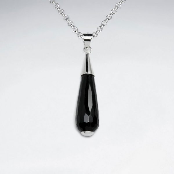 Pendentif en Argent Goutte Pierre Noire Facettes