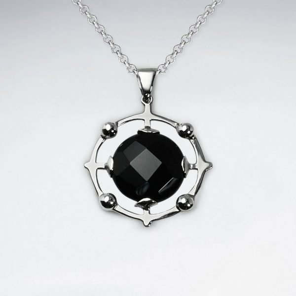Pendentif en Argent Noir Disque en Pierre