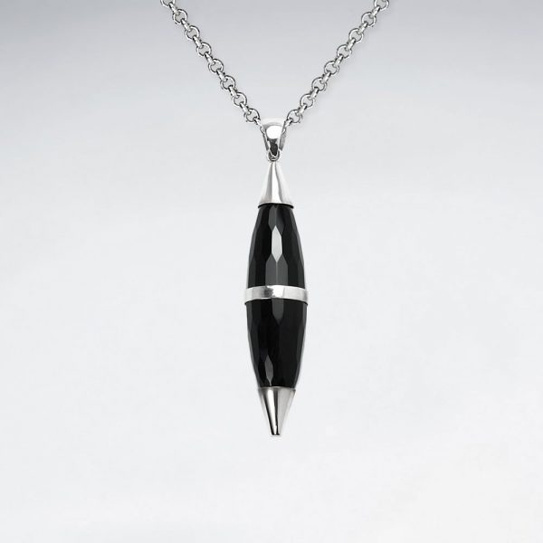 Pendentif en Argent Pierre Noire Balle a Facette