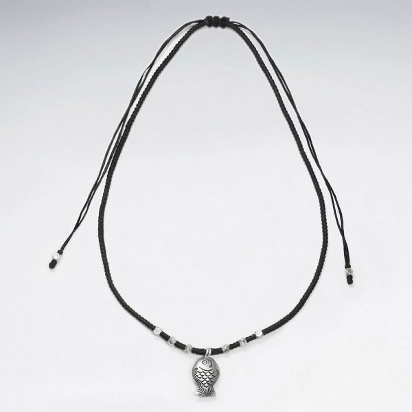 16 5 adjustable black macrame waxed cotton necklace with antique fish silver charm p2891 8275 zoom