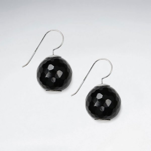 Boucle d'Oreille Argent Perle Ronde Pierre Noire Facettes Ø 18 mm