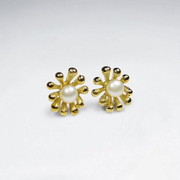 Boucles oreilles Argent Perle Clouté Fleur Plaqué Or