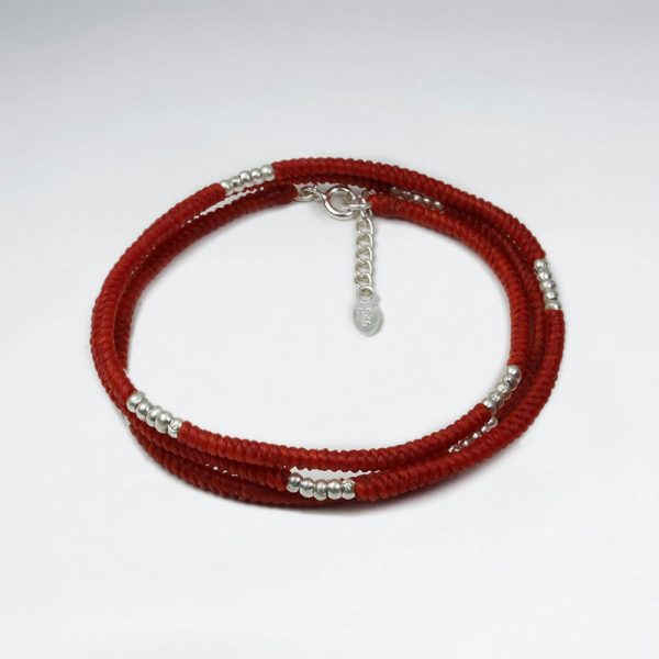 Bracelet Coton Ciré Macramé avec motif et Perles Argent Rouge