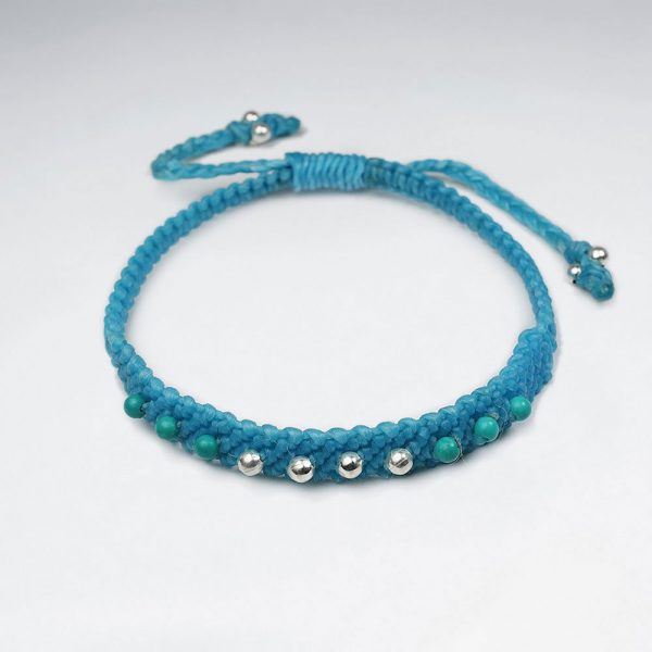 Bracelet Coton Ciré Macramé avec des Perles d'Argent Turquoise