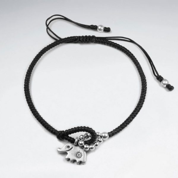 Bracelet Coton Ciré Motif Perles en Argent et Boucle avec Elephant