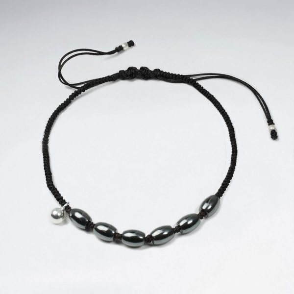 Bracelet Macramé Nylon Noir avec Perle Argent et Ovale Hématite