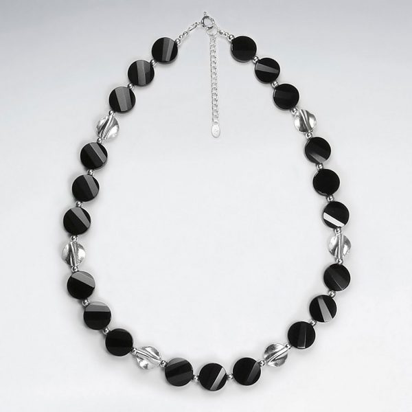 Collier Argent 925 Perle Pierre Noire Ronde