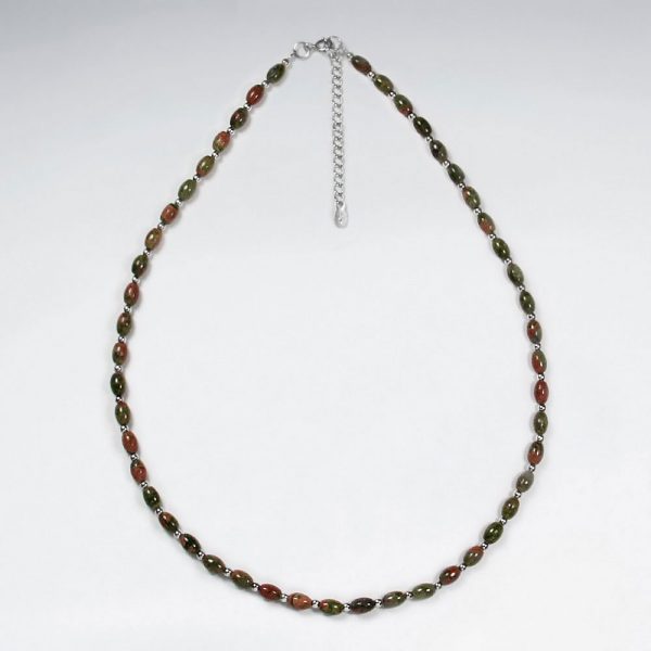 Collier Argent Perle Gemme Unakite
