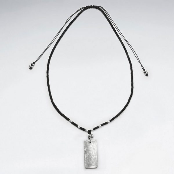 Collier Coton Ciré Macramé avec Pendentif de Charme Argent Rectangle