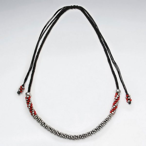 Collier Coton Ciré Macramé avec Perles Argent et Rouge