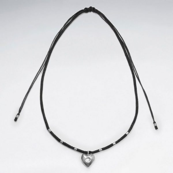 Collier Coton Macramé Pendentif Coeur Argent