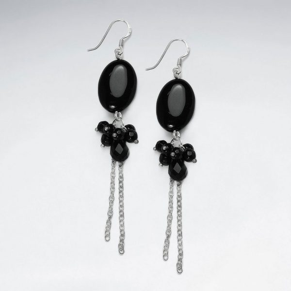 Boucles d'Oreilles Ovale Pierre Noire et Argent