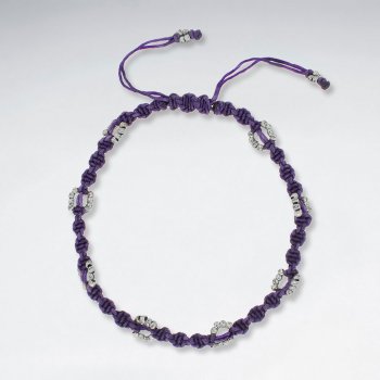 Bracelet cheville perles antique argent coton ciré violet