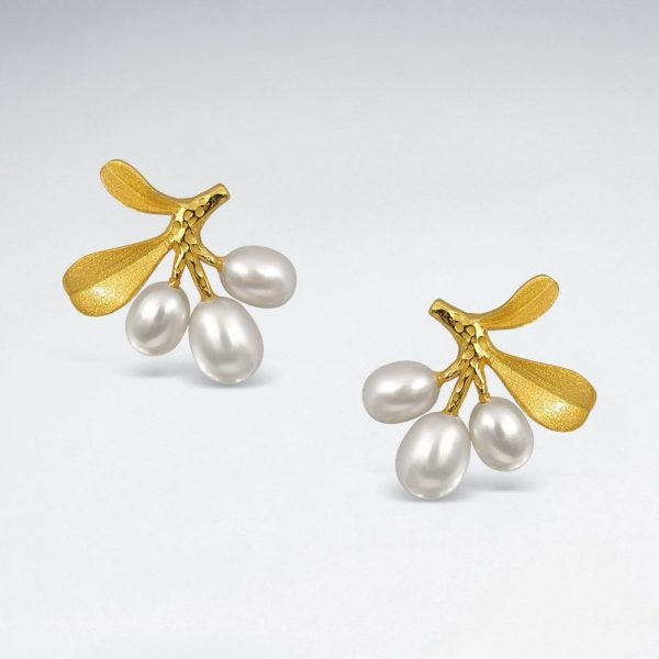 Boucles oreilles avec perles eau douce feuille gui Or