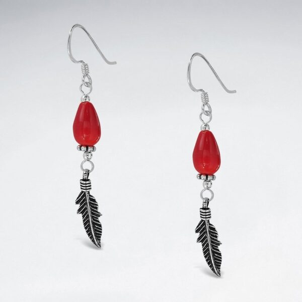 Pendantes Corail Rouge Plume Argent