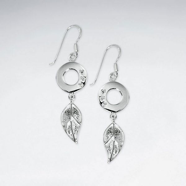 Boucle Oreille Argent Cercle Ouvert avec Feuille Arbre Cristal Zircon