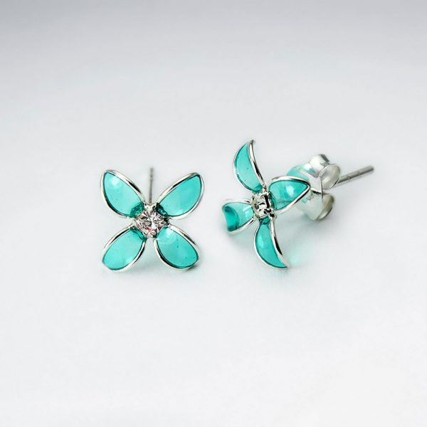 Boucles Oreilles Fleur Houstonie bleue vert