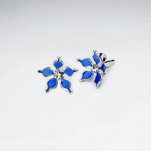 Boucle d'Oreille Argent Fleur Cinq pétales en émail Bleu