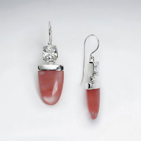 Boucle d'Oreille Argent Pendante Pierre Quartz Rose