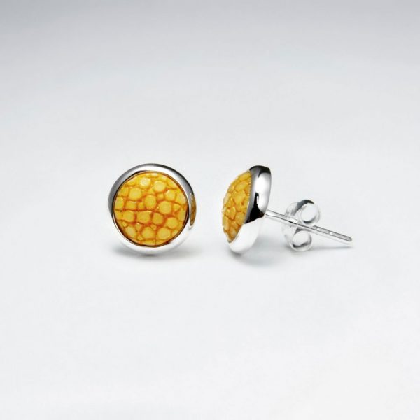 Boucle d'Oreille Puce Argent Cuir Galuchat Jaune