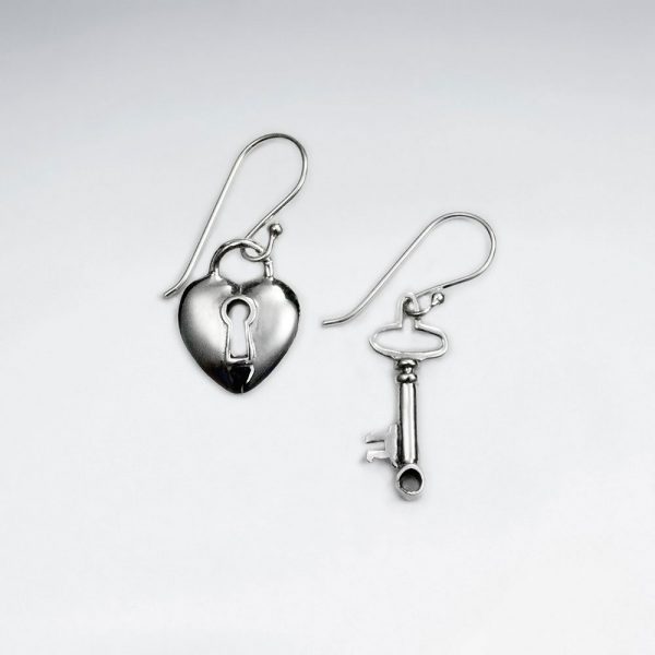 Boucle d'Oreille en Argent Coeur Serrure Clé
