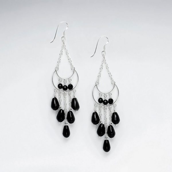 Boucle d'Oreille Chandelier Pierre Noire Facettes