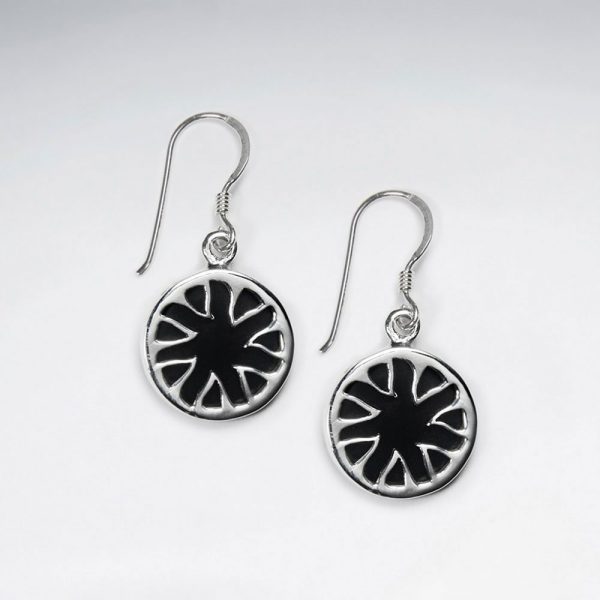 Boucles d'Oreilles Argent Disque Pierre Noir avec Bord Triangle