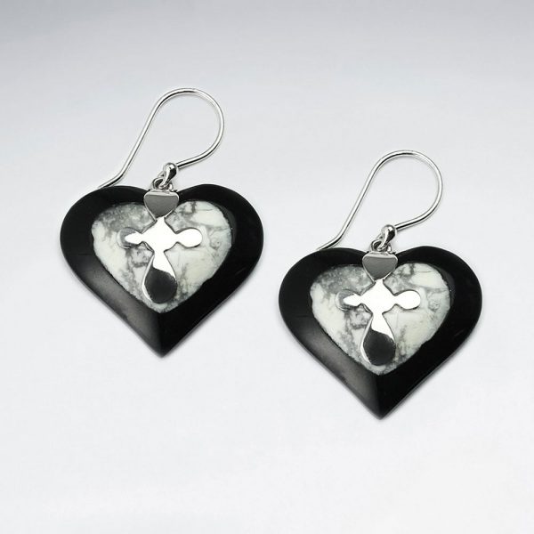 Boucles d'Oreilles Pendante Argent Pierre Noir et Howlite Forme Coeur