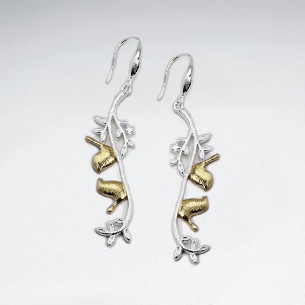 Boucles d'Oreilles Pendante Branche avec Oiseaux Plaqué Or