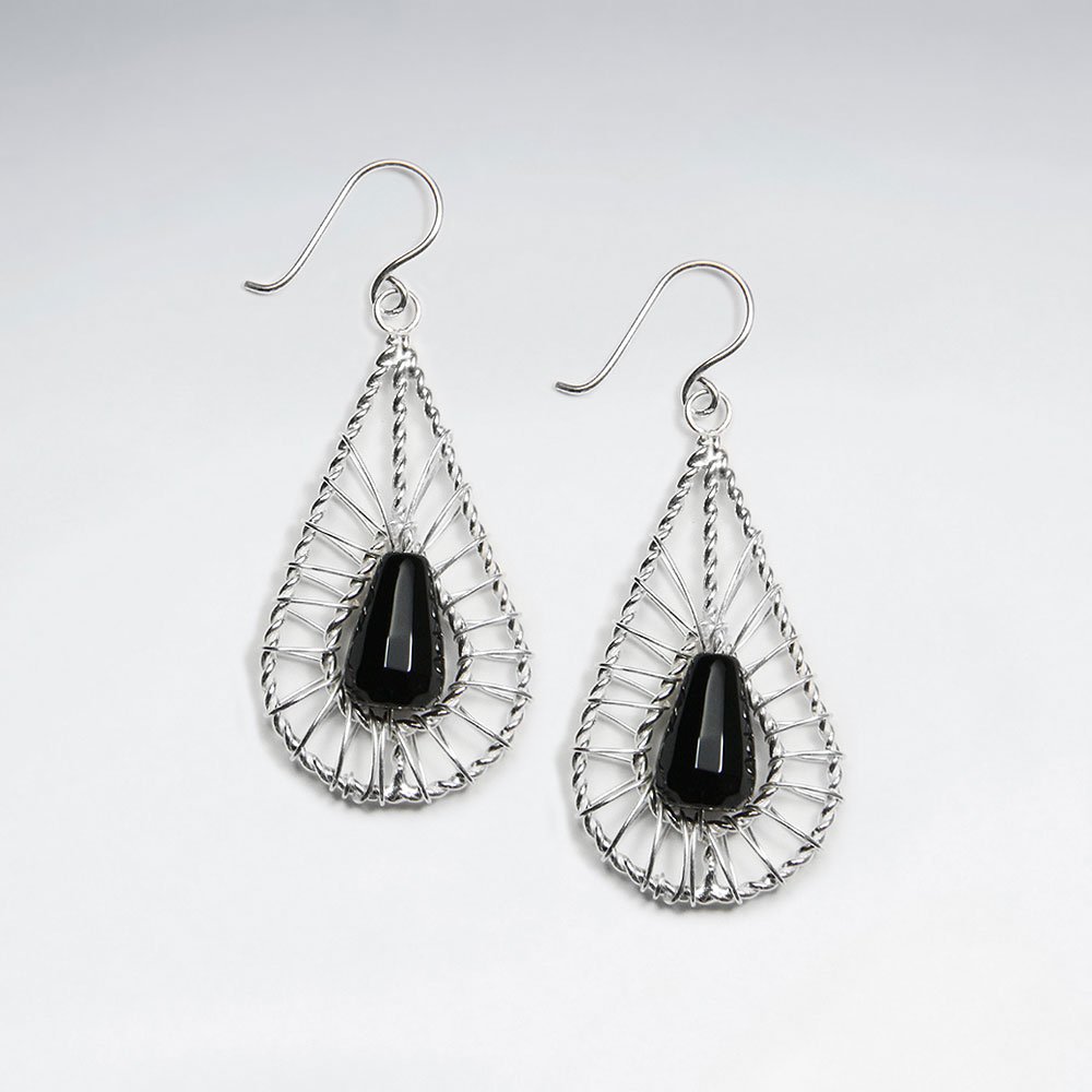Boucles d'Oreilles Pendante Fil d'Argent Pierre Noire | Bijoux 925