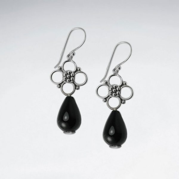 Boucles d'Oreilles Pendante Pierre Forme Goutte Ajourées Fleur Argent