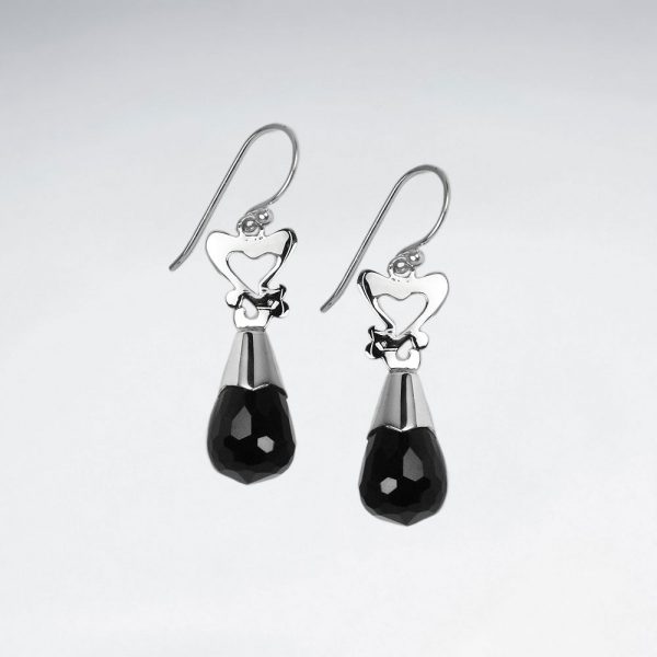 Boucles d'Oreilles Pierre Noir Facettes avec Coeurs Argent