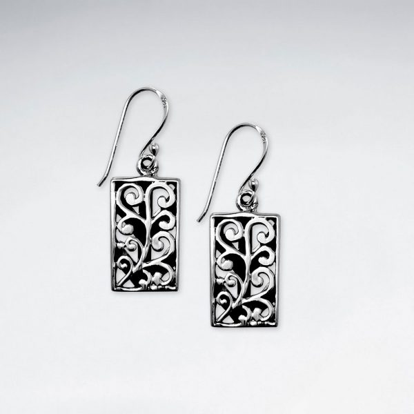 Boucles d'Oreilles Rectangle en Argent Oxydé Détail Filigrane