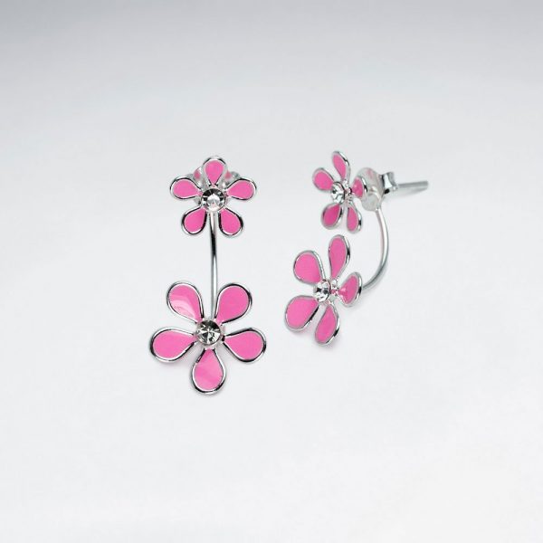 Boucles d'Oreilles Double Fleur en Argent Email Rose