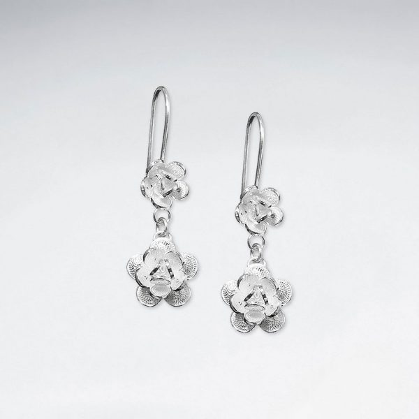 Boucles d'Oreilles Pendante Double Fleur Hiérarchisé Oxydé