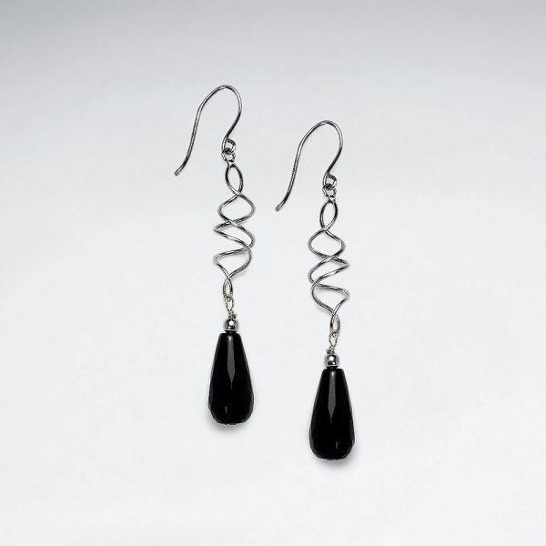 Boucles d'Oreilles Pierre Noir Spirale Argent
