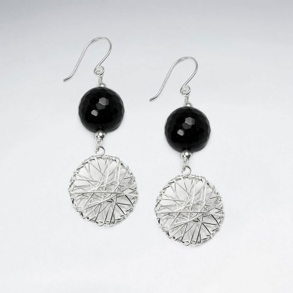 Boucles d'oreilles Fil Argent Perle Noir Facettes et Cercle Filigrane