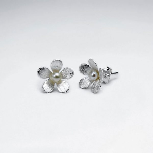 Puce Boucle d'Oreille Perle Fleur Argent
